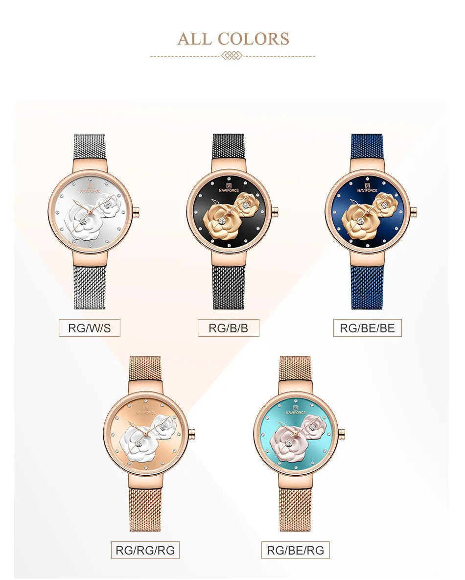 Reloj para mujer NAVIFORCE, marca de lujo superior, malla de acero, resistente al agua, relojes para mujer, reloj de pulsera femenino de cuarzo con flores, reloj encantador para chica.