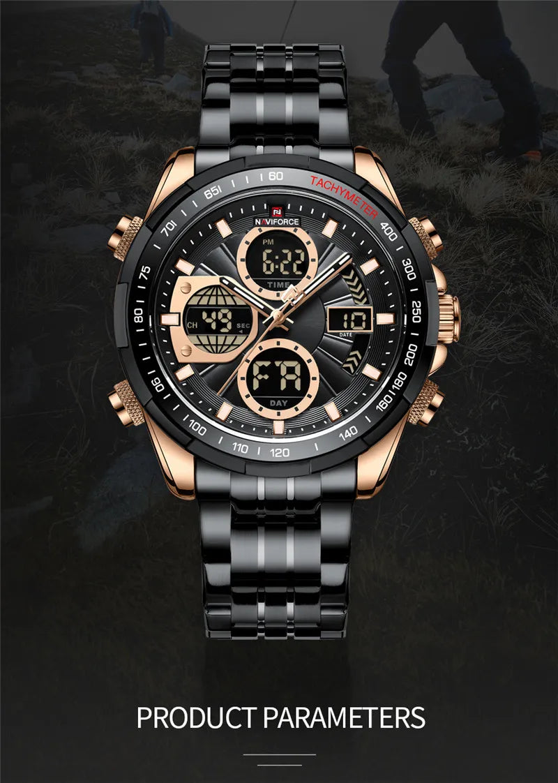 NAVIFORCE Top Brand Luxury Classic Men's Watch Quartz Digital Male Clock Military Sport Silver Stainless Steel Man Wristwatch 9197