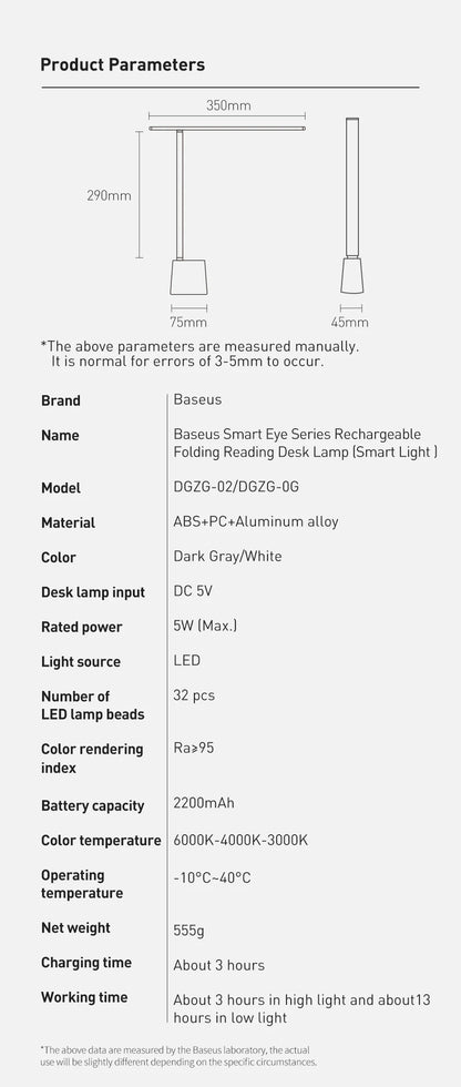Baseus LED Desk Lamp Eye Protection Study Dimmable Office Light Foldable Table Lamp Smart Adaptive Brightness Bedside Read Lamp