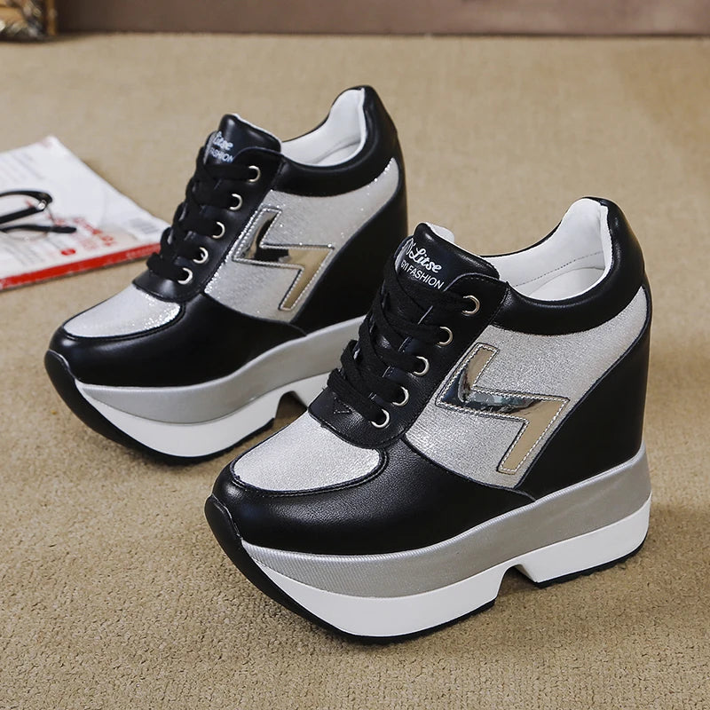 Fashion White Sneakers Women's High Platform Casual Shoes Height Increasing Leather Shoes 10 CM Thick Sole Trainers Tennis Sports