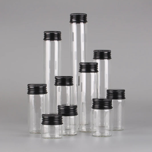 12 pieces/lot 10ml 15ml 20ml 25ml 30ml 40ml 50ml 60ml 80ml 100ml Glass Bottles With Black Aluminum Caps Potion Spice Jars Vails