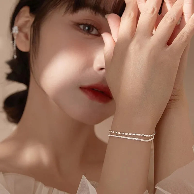 Pulsera de plata de ley 925, accesorio de joyería de doble capa 