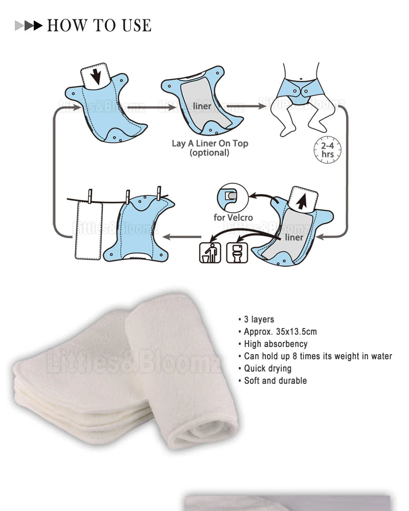 [Littles&amp;Bloomz] Insertos lavables reutilizables, protectores de refuerzo para pañales de tela de bolsillo real, inserto de microfibra de carbón de bambú