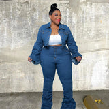 Plus Size Women's Two Piece Set Fall Outfits Long Sleeve Denim Coat and Jeans Stacked Pant Dropshipping Wholesale