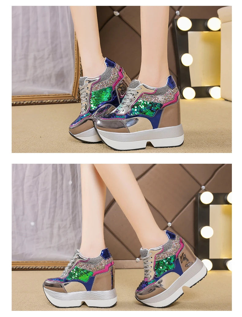 Fashion White Sneakers Women's High Platform Casual Shoes Height Increasing Leather Shoes 10 CM Thick Sole Trainers Tennis Sports