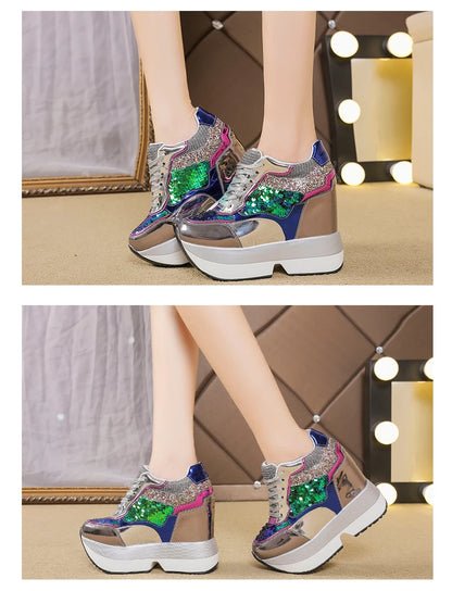 Fashion White Sneakers Women's High Platform Casual Shoes Height Increasi Leathe Shoes 10 CM Thick Sole Trainers Tennis Sports