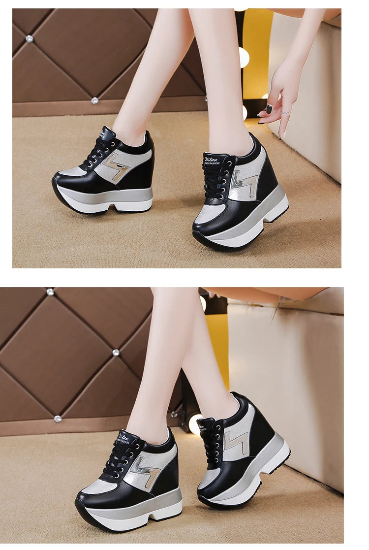 Fashion White Sneakers Women's High Platform Casual Shoes Height Increasing Leather Shoes 10 CM Thick Sole Trainers Tennis Sports