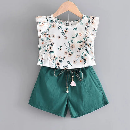 Bear Leader Kids Girl Clothes 2022 Fashion Sling Flower Bow Baby Girls Shirt + Stripe Shorts 2pcs Suit Children Clothing Sets