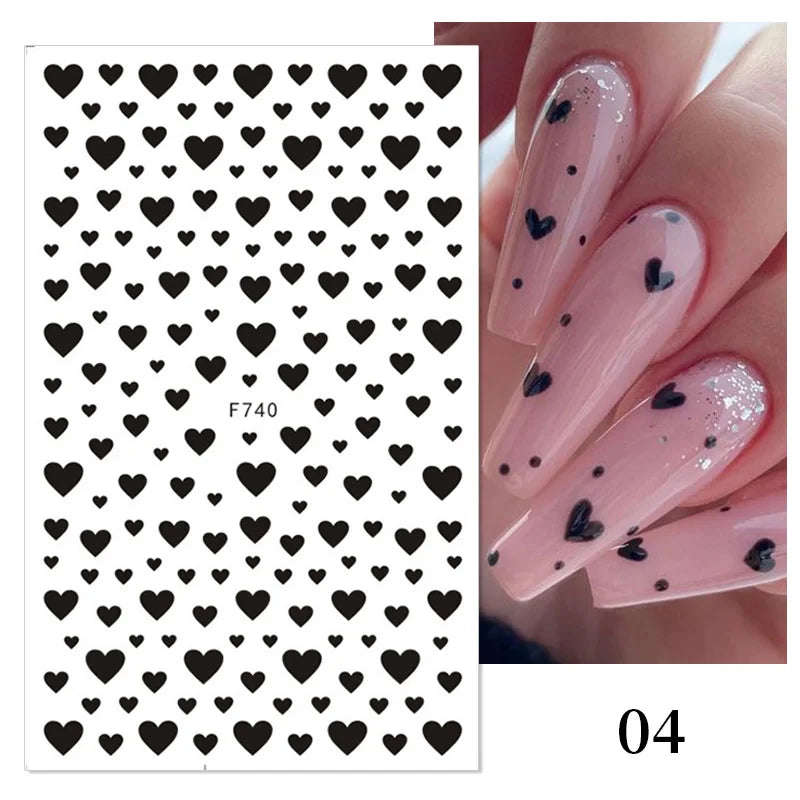 1Sheet 3D Red Heart Laser Nail Sticker Black Letter Star Line Self-Adhesive Slider Valentine's Day Series Nail Decals Decoration
