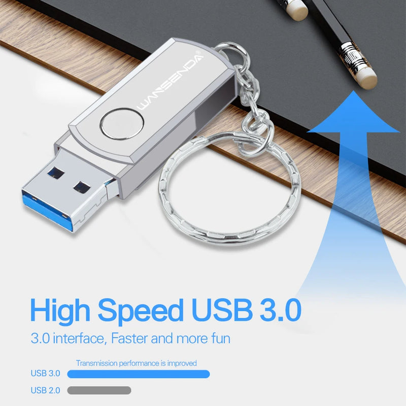 Stainless Steel USB 3.0 USB Flash Drive 256GB 128GB Rotation Pen Drive 16GB 32GB 64GB Pendrive USB Memory Stick with Keychain