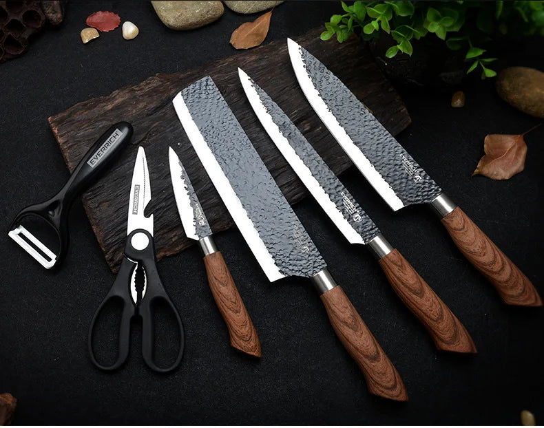 Herramientas de Juego de cuchillos de cocina de acero inoxidable, cuchillo de cocina forjado, tijeras, pelador de cerámica, rebanador de Chef, cuchillo de pelar Nakiri, estuche de regalo