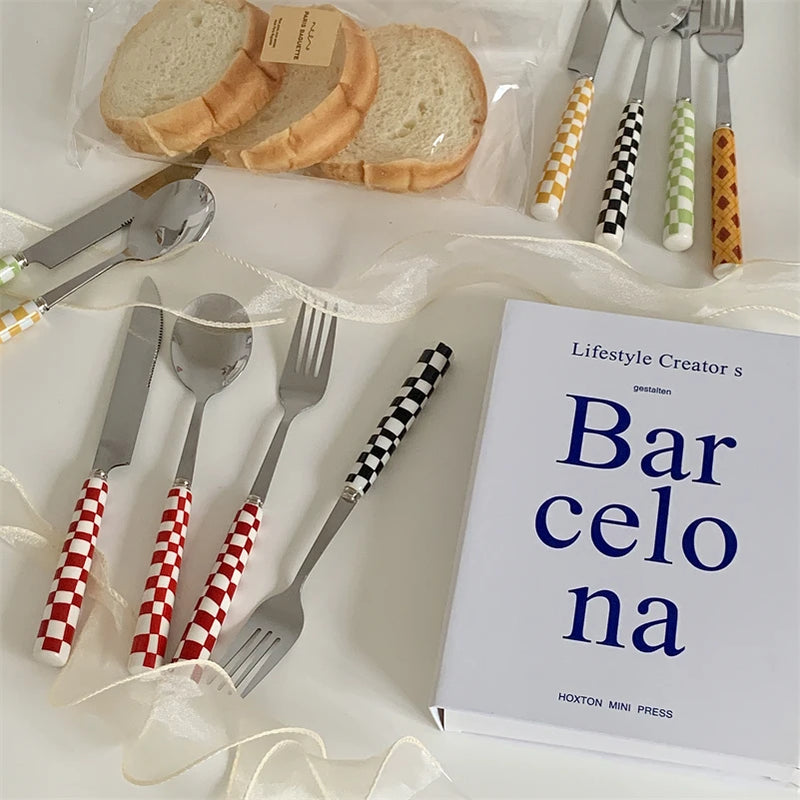 Ins Style Dessert Steak Stainless Steel Knife Fork Spoon Kitchen Dinnerware Checkerboard Lattice Glossy Ceramic Handle 3pcs/set