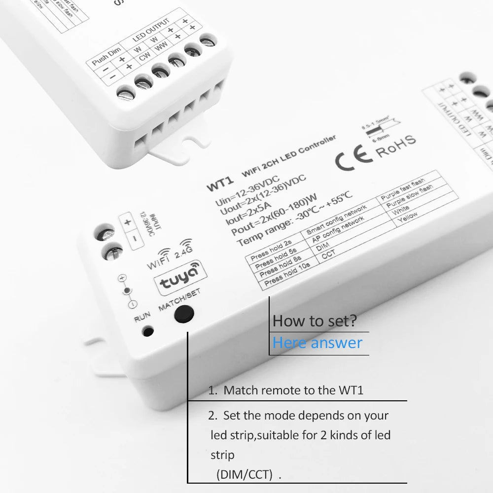 Tuya CCT LED Strip Dimmer Switch 12V DC Wireless 2.4G RF WW CW Controller Work with Smart Life Google Assistant 2 Channel WT1