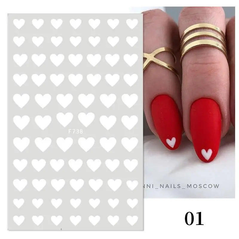 1Sheet 3D Red Heart Laser Nail Sticker Black Letter Star Line Self-Adhesive Slider Valentine's Day Series Nail Decals Decoration