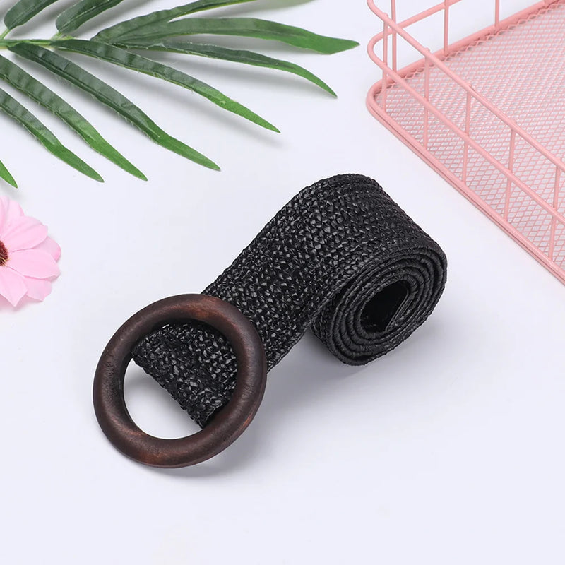 1PC Women Fashion Casual Straw Belt Round Wooden Buckle Elastic Waist Chain Belly Necklace Body Jewelry Dress Shirt Accessories