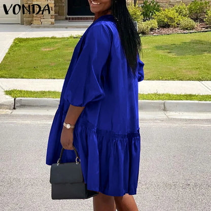Plus Size 5XL VONDA 2024 Summer Dress Bohemian Women Short Lantern Sleeve Satin Mini Vestido V Neck Solid Elegant Party Sundress
