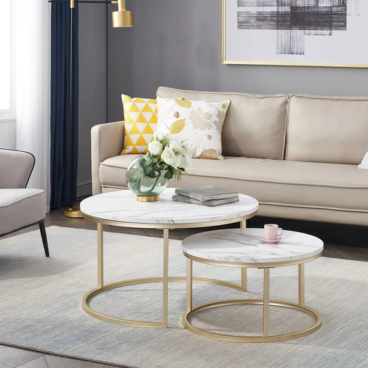 2-Piece Marble Texture Coffee Table for Living Room Sofa Side Round Coffee Tea Table 2-in-1 Combination Furniture Golden White