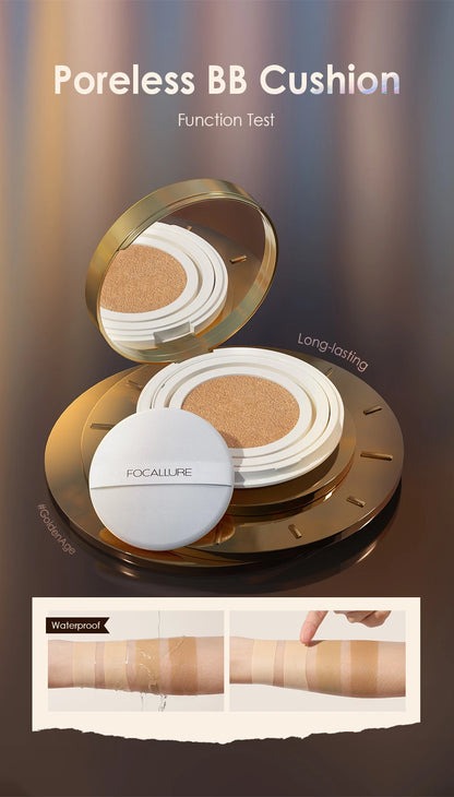 FOCALLURE Air Cushion Poreless BB Cream Resistente al agua Corrector facial iluminador de larga duración Base mate Cosméticos con borla