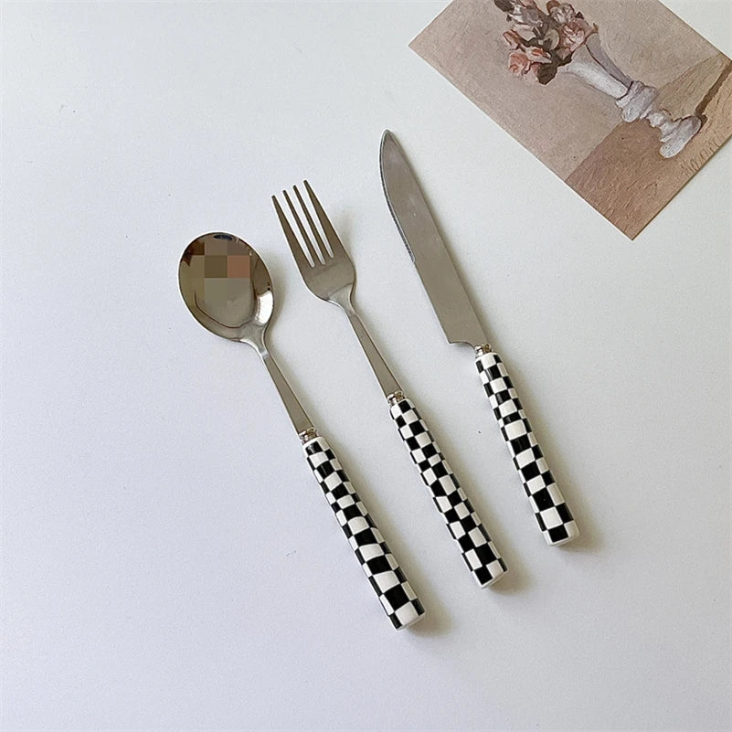 Ins Style Dessert Steak Stainless Steel Knife Fork Spoon Kitchen Dinnerware Checkerboard Lattice Glossy Ceramic Handle 3pcs/set