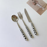 Ins Style Dessert Steak Stainless Steel Knife Fork Spoon Kitchen Dinnerware Checkerboard Lattice Glossy Ceramic Handle 3pcs/set