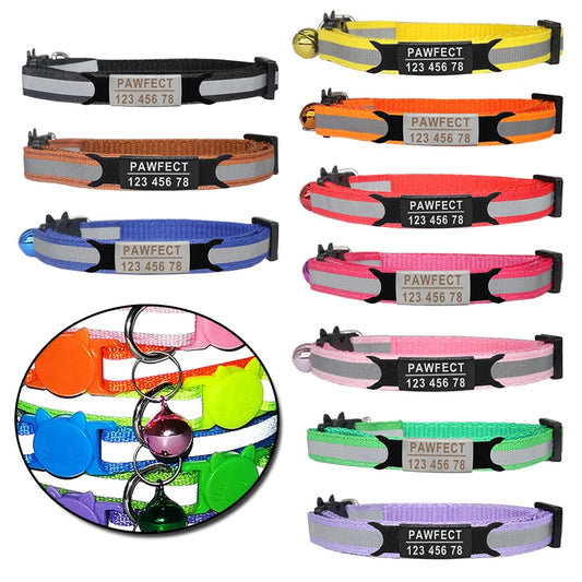 Collar reflectante de seguridad para gatos con hebilla ajustable y personalizado con identificación, grabado gratuito, de nailon para cachorros y gatitos.