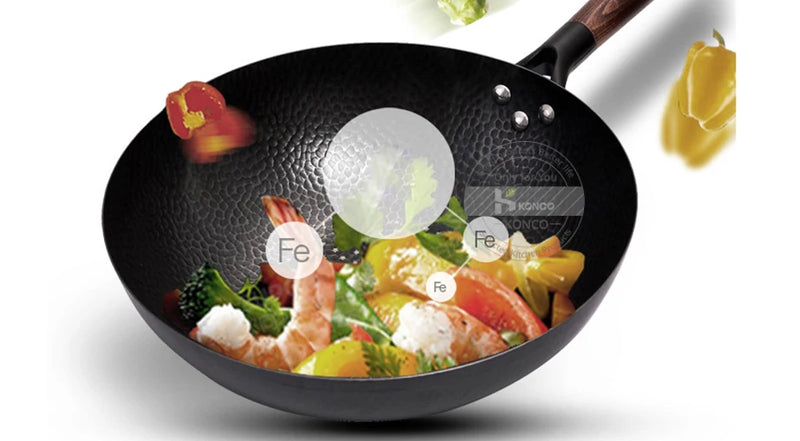 Konco Pure Iron wok cast iron pan Non-coated Pot General use for Gas and Induction Cooker 32cm Chinese Wok Cookware Pan