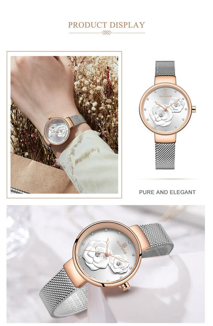Reloj para mujer NAVIFORCE, marca de lujo superior, malla de acero, resistente al agua, relojes para mujer, reloj de pulsera femenino de cuarzo con flores, reloj encantador para chica.