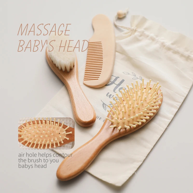 Newborn Baby Natural Wooden Boys Girls Soft Wool Hair Brush Head Comb Infant Head Massager Portable Bath Brush Comb For Kids