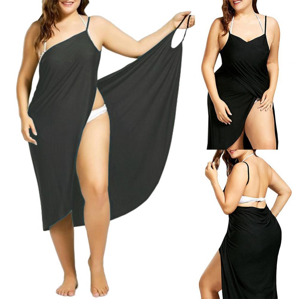 Vestidos de verano de playa de color liso para mujer, vestidos casuales sexis con cuello halter y mangas largas, vestidos de toalla sueltos, tallas grandes S-5XL