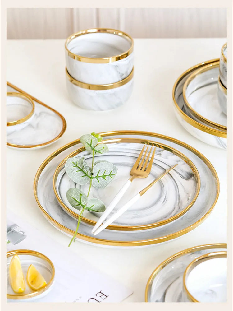 New Double-sided Gilt Rim Gray Marble Pattern Gilt Rim Porcelain Dinner Plate Set  Salad Noodles Bowl Ceramic Tableware