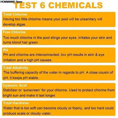 Tiras de prueba de cloro y pH multiusos 6 en 1, 50 unidades por botella, para piscinas y spas.