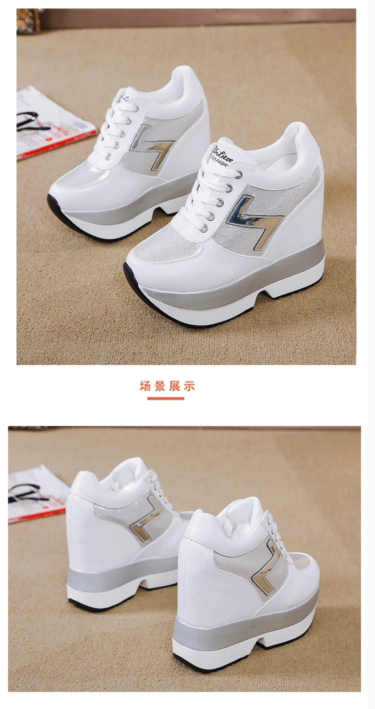 Fashion White Sneakers Women's High Platform Casual Shoes Height Increasing Leather Shoes 10 CM Thick Sole Trainers Tennis Sports