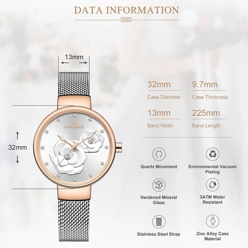 Reloj para mujer NAVIFORCE, marca de lujo superior, malla de acero, resistente al agua, relojes para mujer, reloj de pulsera femenino de cuarzo con flores, reloj encantador para chica.