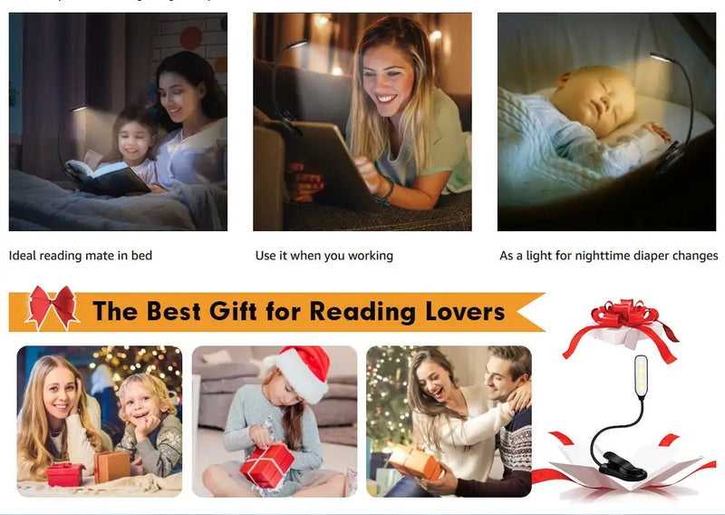 Rechargeable Book Reading Light Lamp, LED Book Light for Reading in Bed - Eye Caring Adjustable Brightness 3 Color Temperatures