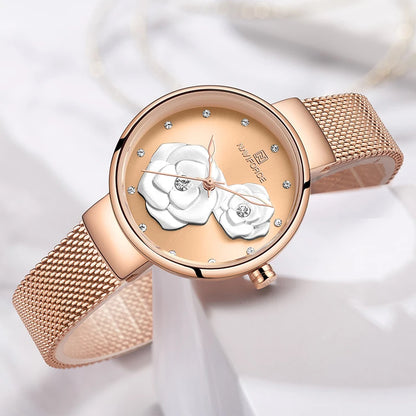 Reloj para mujer NAVIFORCE, marca de lujo superior, malla de acero, resistente al agua, relojes para mujer, reloj de pulsera femenino de cuarzo con flores, reloj encantador para chica.