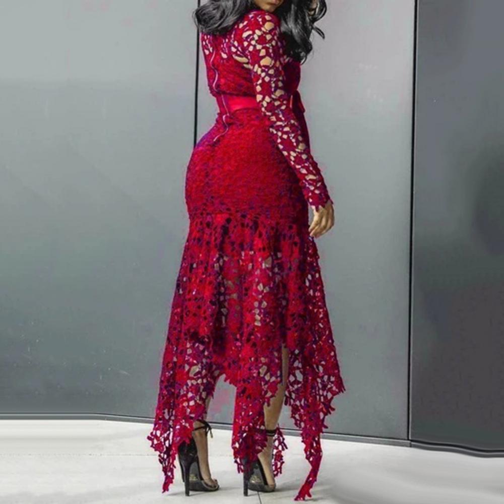 70% Hot Sell Women Long Sleeve Bow Belted Irregular Hem Hollow Lace Sexy Bodycon Long Dress