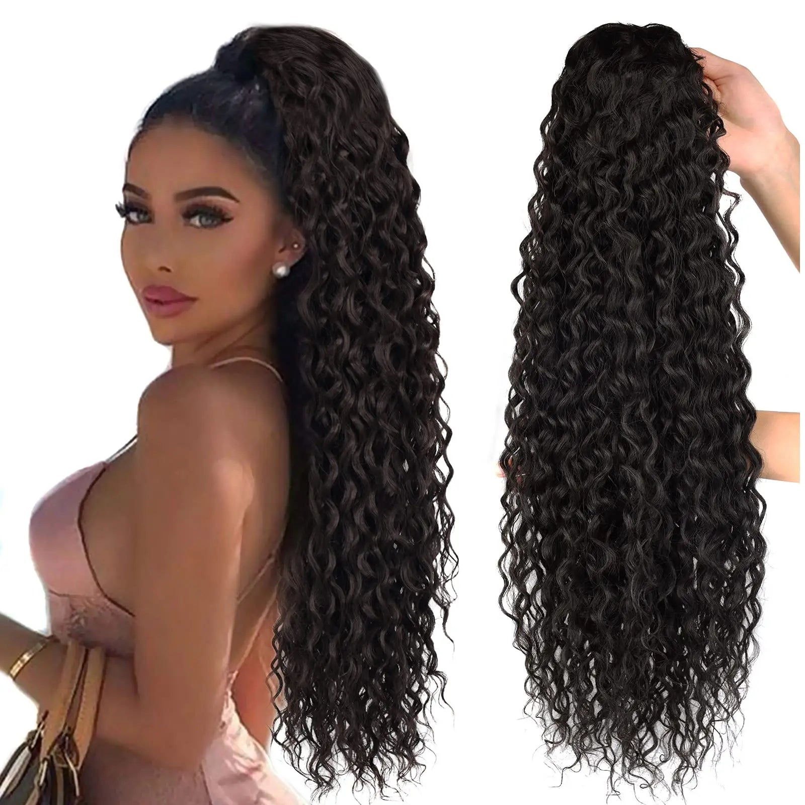 Extensões de rabo de cavalo cacheado longo 80cm aplique sintético com cordão e clip water wave