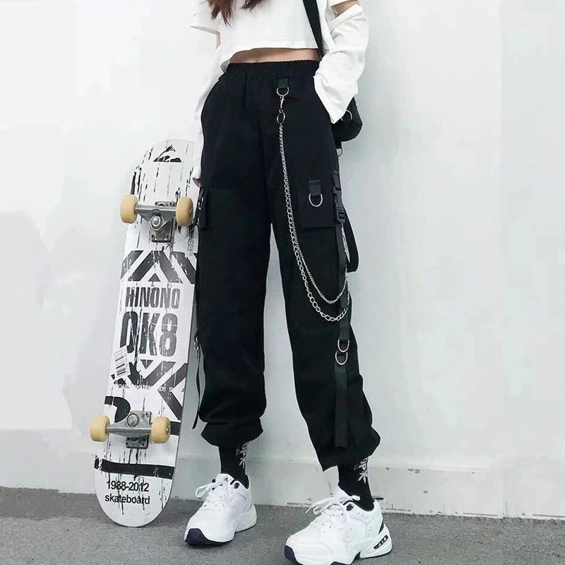 Pantalones cargo para mujer 2023, pantalones harén de moda con bolsillos punk, pantalones deportivos con cadena, elásticos Harajuku, cintura alta, ropa de calle.