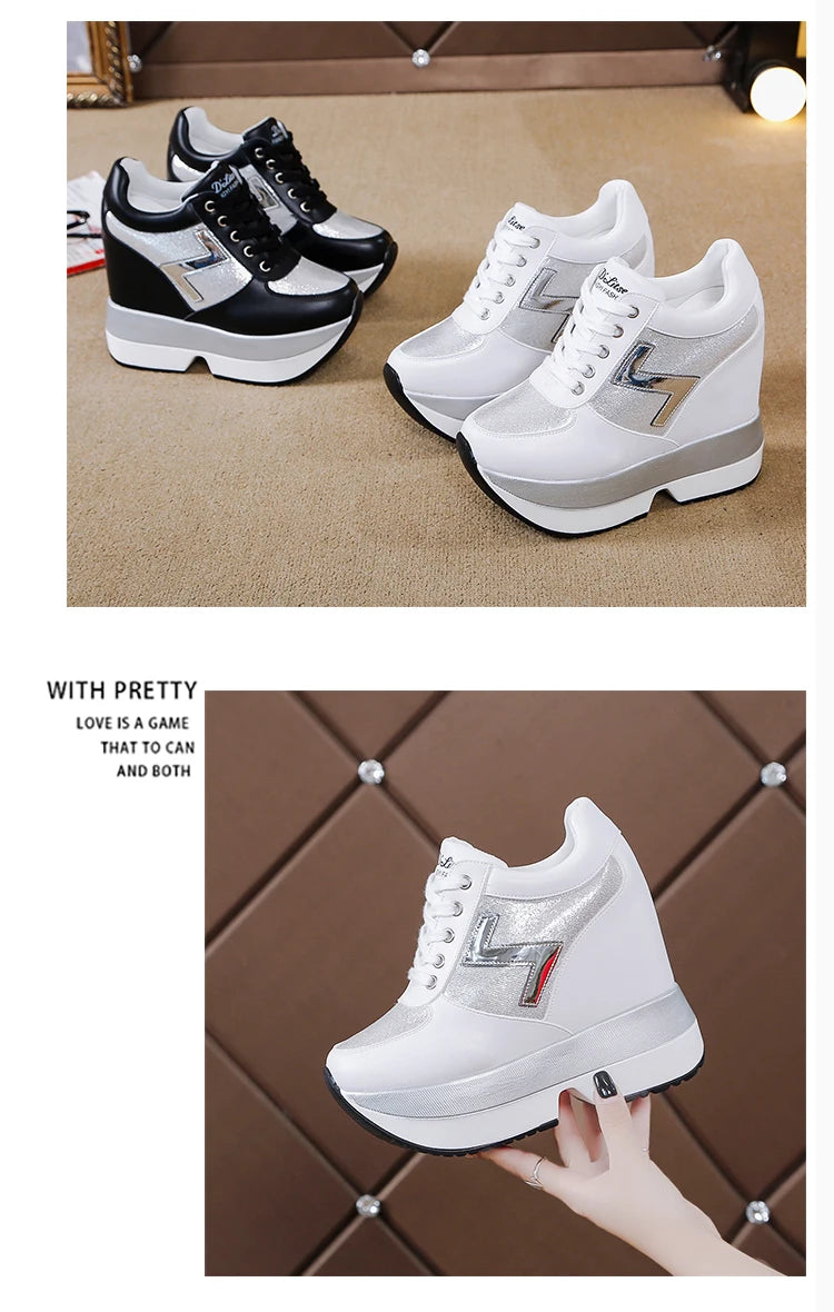 Fashion White Sneakers Women's High Platform Casual Shoes Height Increasi Leathe Shoes 10 CM Thick Sole Trainers Tennis Sports