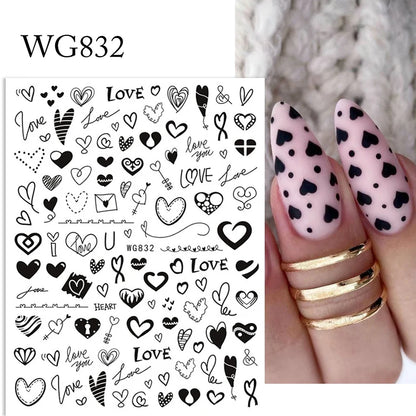 1Sheet 3D Red Heart Laser Nail Sticker Black Letter Star Line Self-Adhesive Slider Valentine's Day Series Nail Decals Decoration