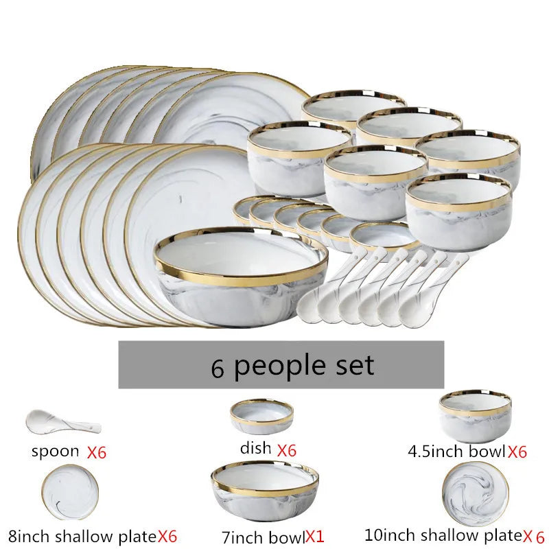 New Double-sided Gilt Rim Gray Marble Pattern Gilt Rim Porcelain Dinner Plate Set  Salad Noodles Bowl Ceramic Tableware