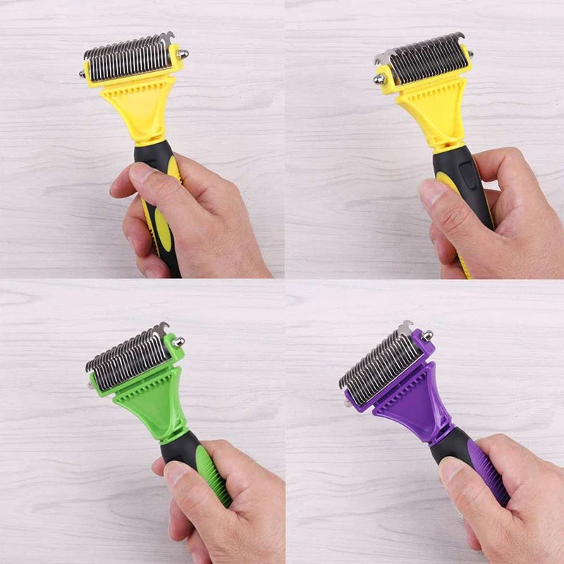 Cepillo de aseo de acero inoxidable para mascotas, de dos caras, para quitar el pelo suelto y desenredar la capa interna, peine rastrillo para perros y gatos, elimina nudos y enredos fácilmente.