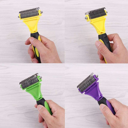 Cepillo de aseo de acero inoxidable para mascotas, de dos caras, para quitar el pelo suelto y desenredar la capa interna, peine rastrillo para perros y gatos, elimina nudos y enredos fácilmente.