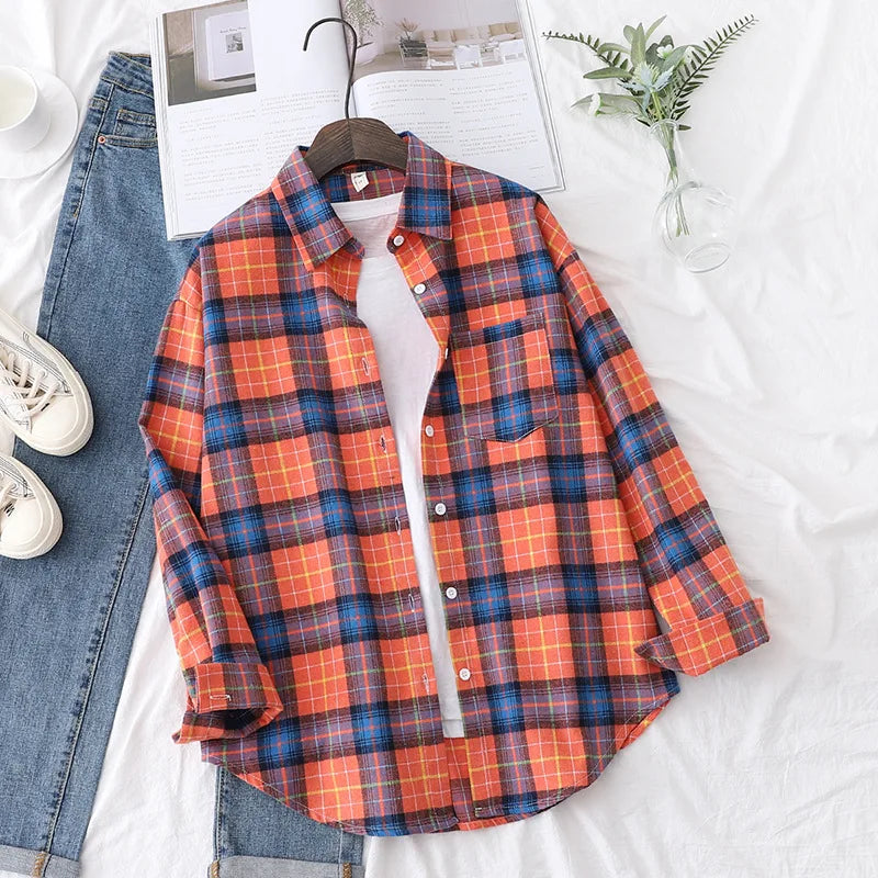 Casual Women's Plaid Shirt 2025 Spring Autumn New Ladies Loose Blouse and Tops Female Long Sleeve Shirts Fresh Checked Clothes