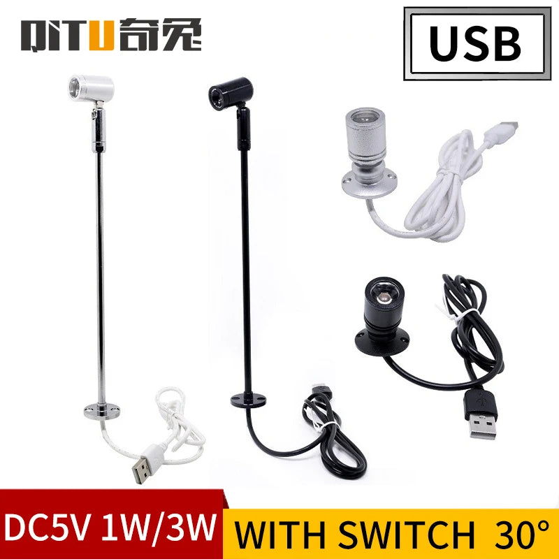 Mini foco LED de 1 W/3 W para exhibición de joyas, DC5V, con interruptor, interfaz USB, para tienda, armario, juguetes de interior, decoración, foco de mesa. 