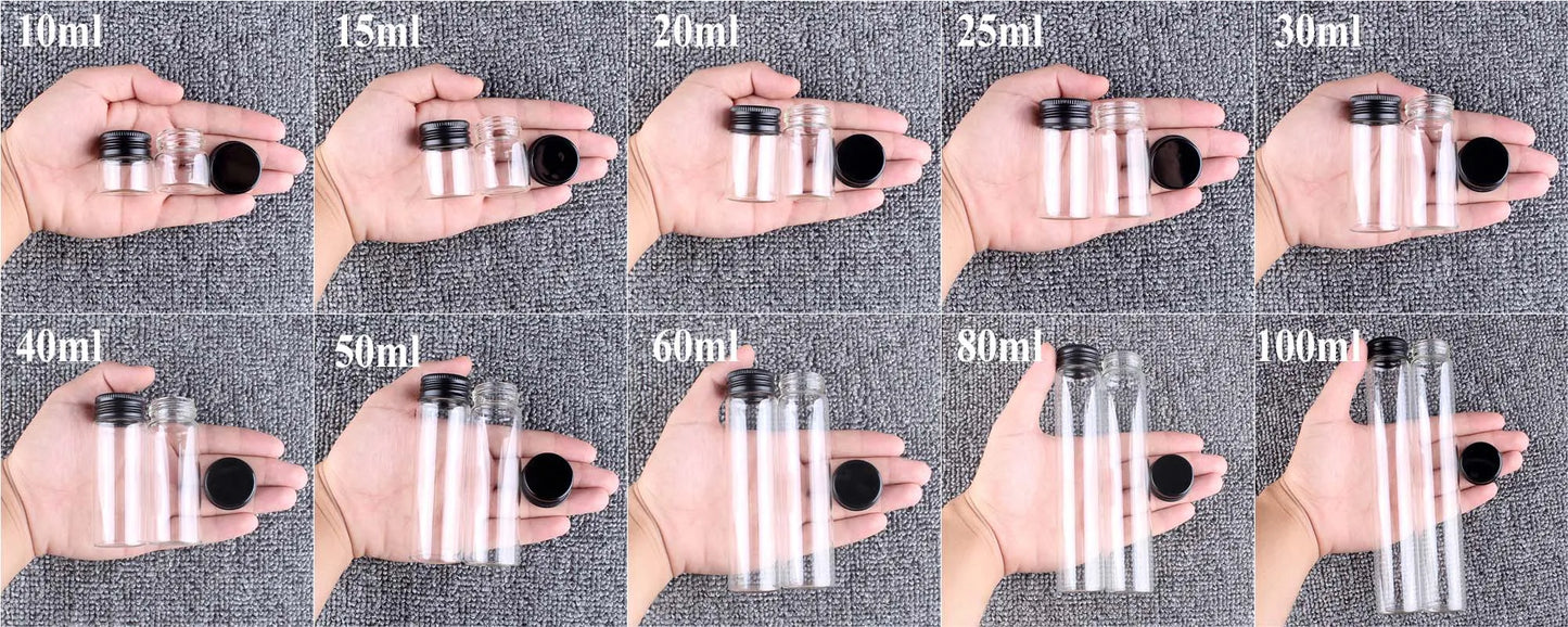 12 pieces/lot 10ml 15ml 20ml 25ml 30ml 40ml 50ml 60ml 80ml 100ml Glass Bottles With Black Aluminum Caps Potion Spice Jars Vails