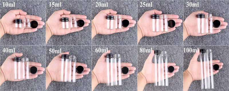 12 pieces/lot 10ml 15ml 20ml 25ml 30ml 40ml 50ml 60ml 80ml 100ml Glass Bottles With Black Aluminum Caps Potion Spice Jars Vails