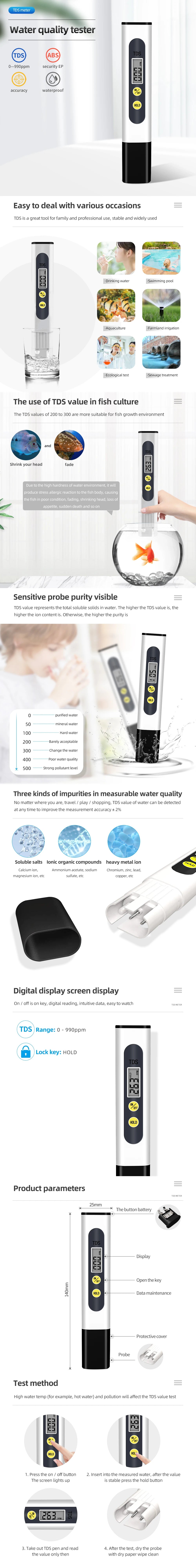 Medidor de TDS 0-9990 ppm Medidor de pH digital 0,01 pH Medidor de agua de alta precisión con bolígrafo Medidor de TDS y pH 0-14 pH Medidor de PPM LCD Filtro de acuario