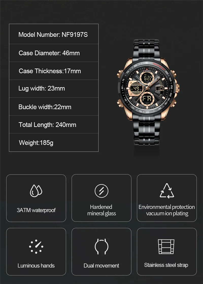 NAVIFORCE Top Brand Luxury Classic Men's Watch Quartz Digital Male Clock Military Sport Silver Stainless Steel Man Wristwatch 9197
