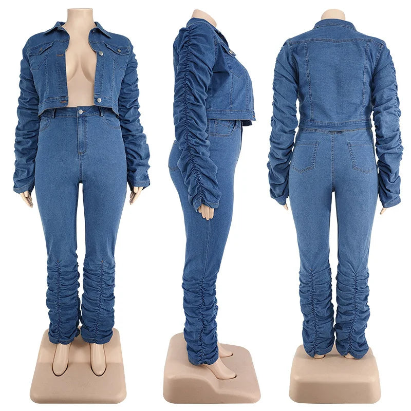 Plus Size Women's Two Piece Set Fall Outfits Long Sleeve Denim Coat and Jeans Stacked Pant Dropshipping Wholesale